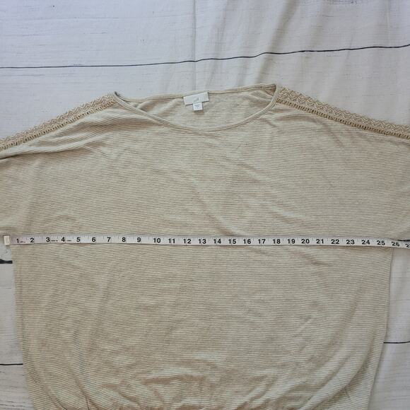 J. Jill Size L Tan Striped Knit Batwing Top Crochet Trim Casual Boho Mature - Picture 5 of 9